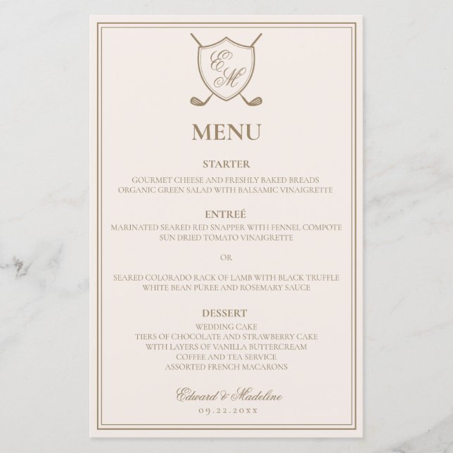 Menu de Casamento de Golfe do Monograma Clássico d (Frente)