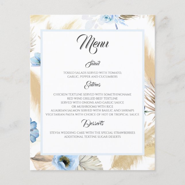 Menu de Casamento de Grass Pampas Florais Dusty Bl (Frente)