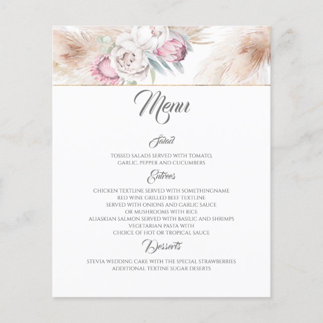 Menu de Casamento de Grass Pampas Florais Rosa (Frente)