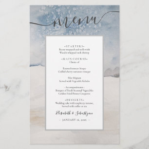 Menu de Casamento de Inverno com Aquarela Azul Pra