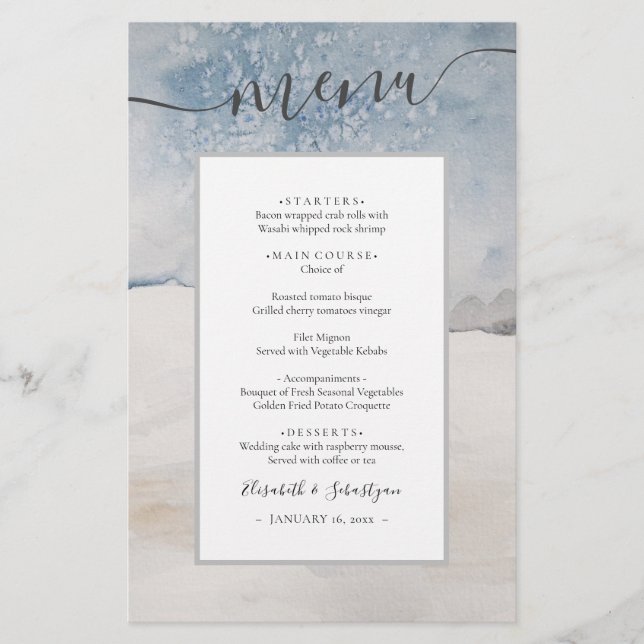 Menu de Casamento de Inverno com Aquarela Azul Pra (Frente)
