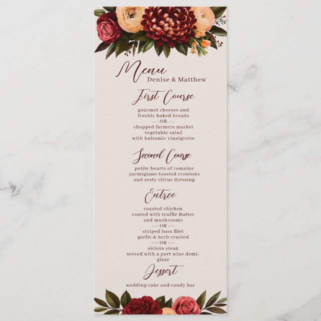 Menu de Casamento de Ivory & Burgundy Chrysanthemu (Frente)