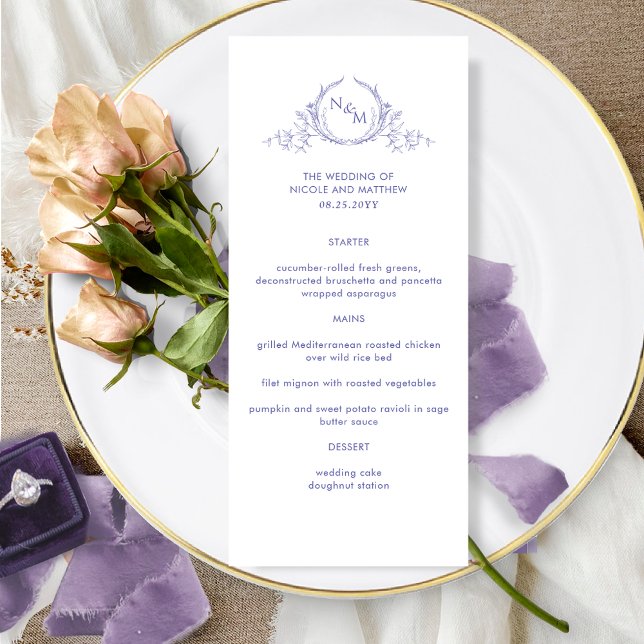 Menu de Casamento de Lavanda Elegante com Monogram (Criador carregado)
