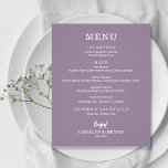 Menu de Casamento de Lavandas Elegante Simples de<br><div class="desc">Um pequeno barato, um cartão de janto de lavanda de papel de valor com suas escolhas de comida em letras brancas chic é perfeito para uma recepção de casamento moderna, janto de ensaio de casamento, festa de aniversário ou qualquer evento especial com um janto de sentados. *Mede 4, 5" x...</div>