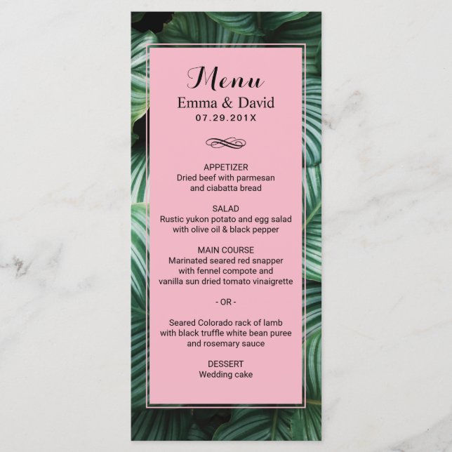 Menu de Casamento de Luau Moderno das Folhas Tropi (Frente)