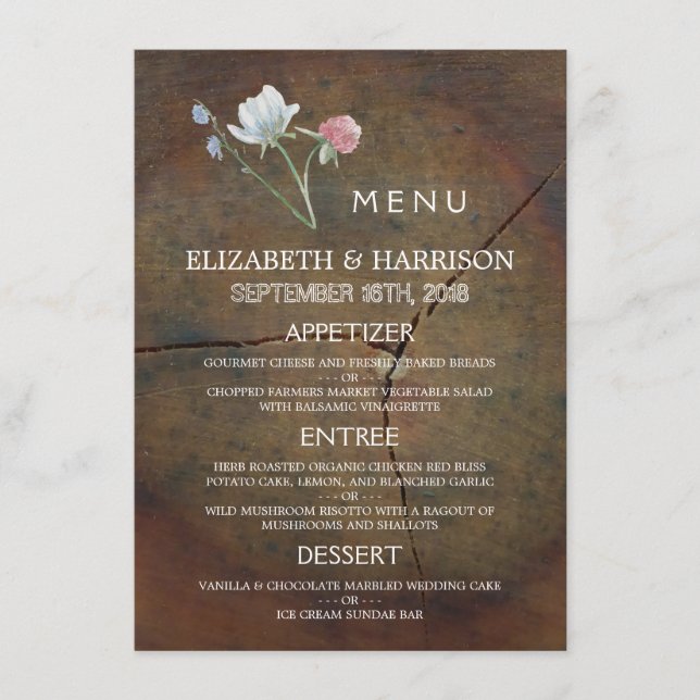 Menu de Casamento de Madeira de Oak de Flor Selvag (Frente)