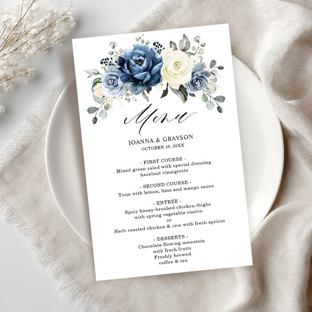 Menu de Casamento de Marfim do Marinho Azul Dusty (Dusty Blue Navy Champagne Ivory Budget Wedding Menu)