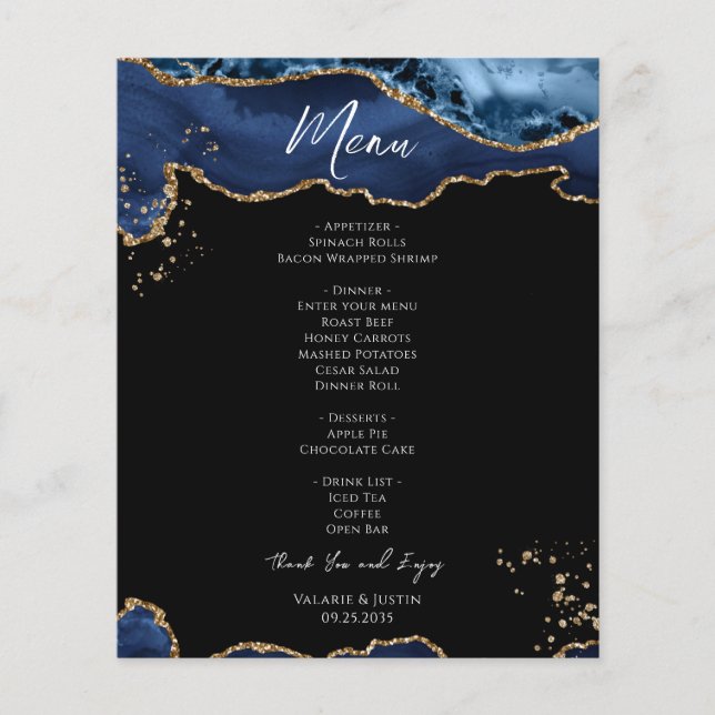 Menu de Casamento de Mármore com Glitter Dourado A (Frente)