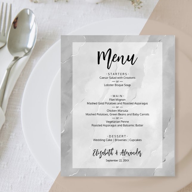 Menu de Casamento de Mármore de Cinzas Prateadas (Criador carregado)