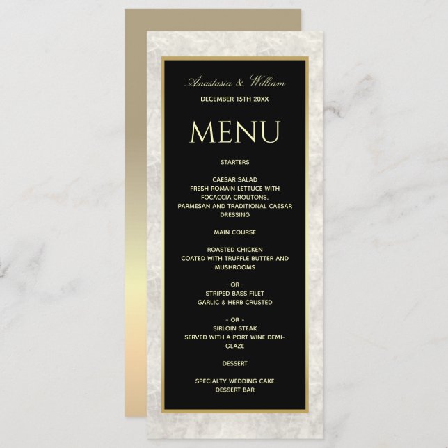 Menu de Casamento de Mármore Negro e Branco (Frente/Verso)