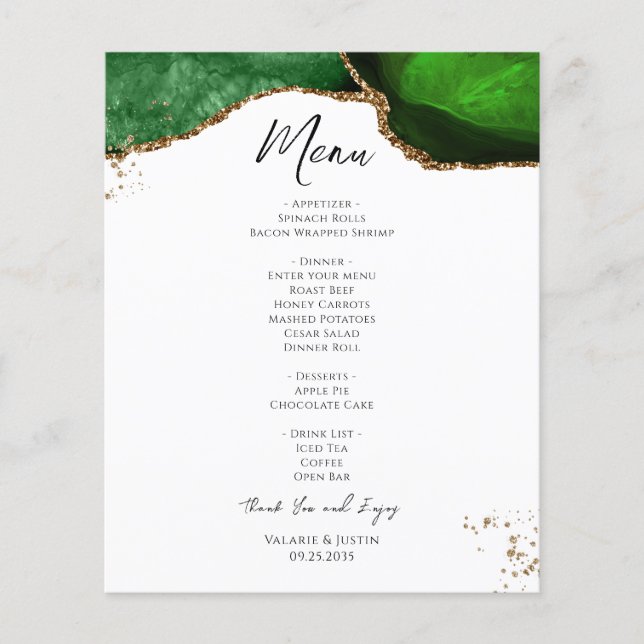 Menu de Casamento de Mármore Verde Dourado com Bri (Frente)