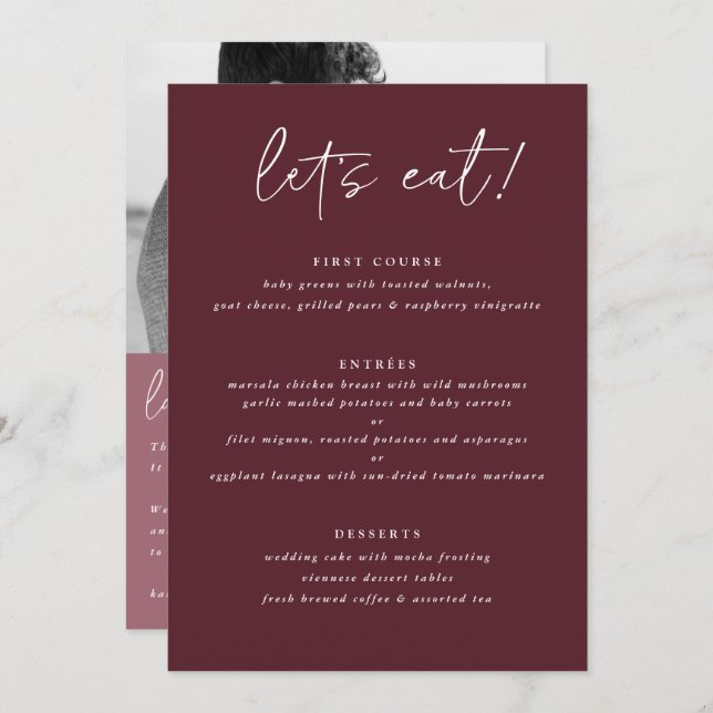 Menu de Casamento de Merlot Moderno com Foto de Vo (Frente/Verso)