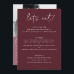 Menu de Casamento de Merlot Moderno com Foto de Vo<br><div class="desc">Merlot / Burgundy / Wine Wedding Menu: Este moderno menu do casamento apresenta texto manuscrito em um fundo de merlot na frente com a foto do casal e a mensagem do obrigado que você retorna. É o menu perfeito de casamento duplo para servir como cardápio e presente.</div>