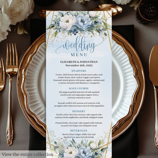 Menu de Casamento de Mola Azul Moluca Azul (Watercolor Dusty Blue Floral Greenery Wedding Menu)