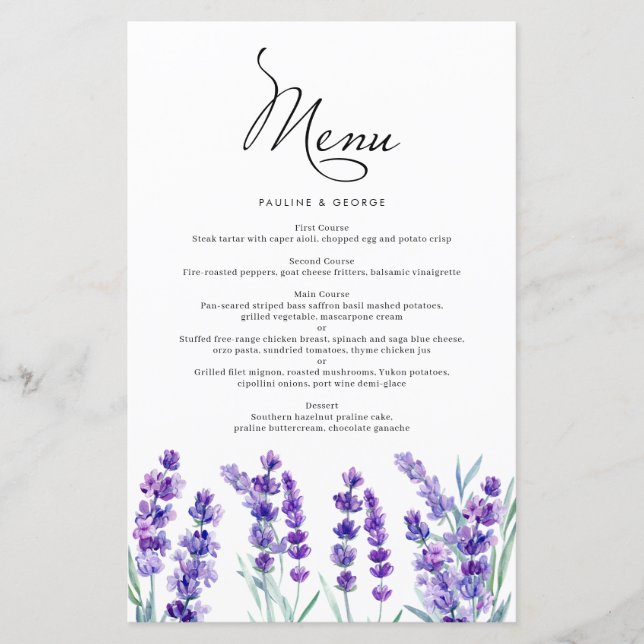 Menu de Casamento de Mola das Flores de Lavanda de (Frente)