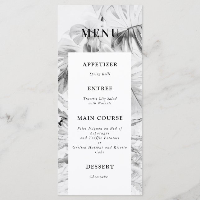 Menu de Casamento de Monstera Tropical Branca Negr (Frente)