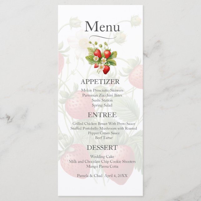 Menu de Casamento de Morangos com Aquarela (Frente)