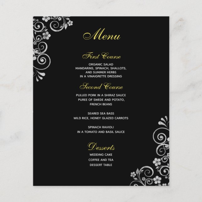 Menu de Casamento de Nadarias Florais de Prata Neg (Frente)