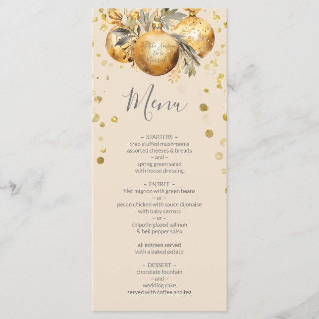 Menu de Casamento de Natal Bege Dourado (Frente)