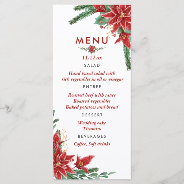 Menu de Casamento de Natal da Poinsettia Vermelha (Frente)
