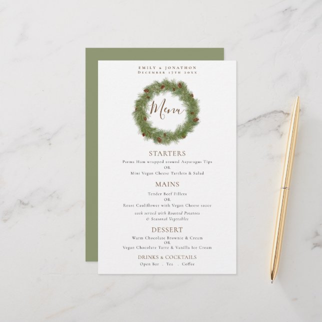 Menu de Casamento de Natal do Pine Cone Wreath (Frente/Verso In Situ)