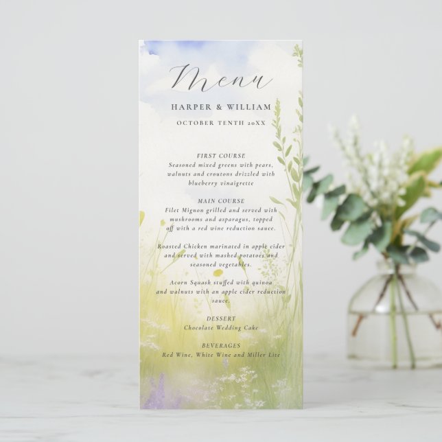Menu de casamento de nuvens de flores silvestres d (Em pé/Frente)