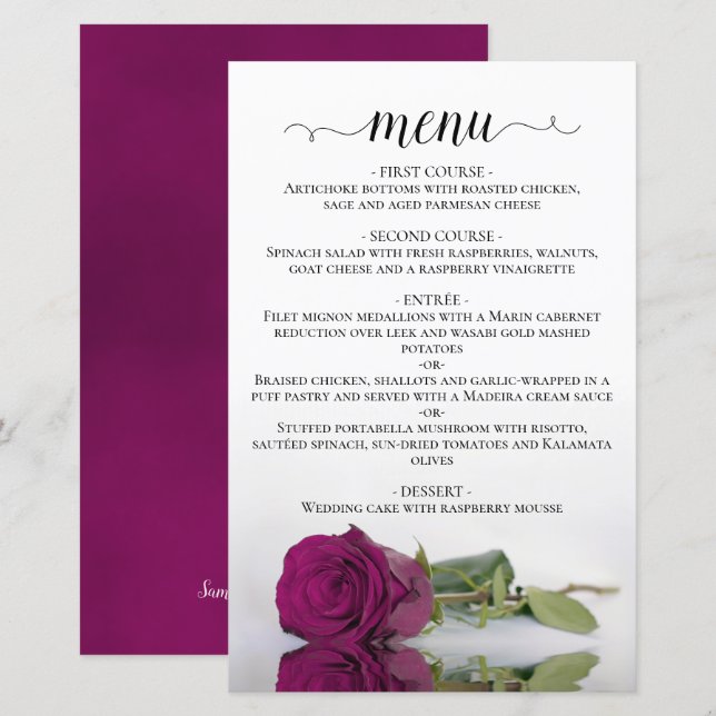 Menu de Casamento de Orçamento de Rosa Roxo do Gab (Frente/Verso)