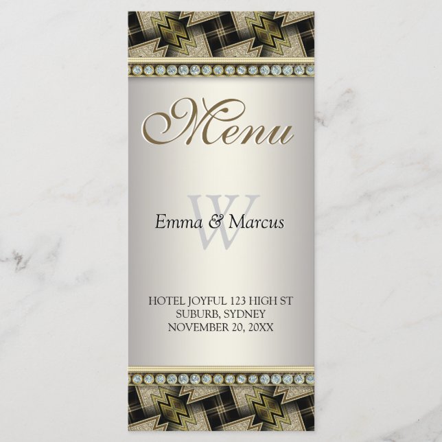 Menu de Casamento de Padrão Dourado Negro Exótico (Frente)