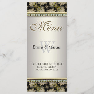 Menu de Casamento de Padrão Dourado Negro Exótico