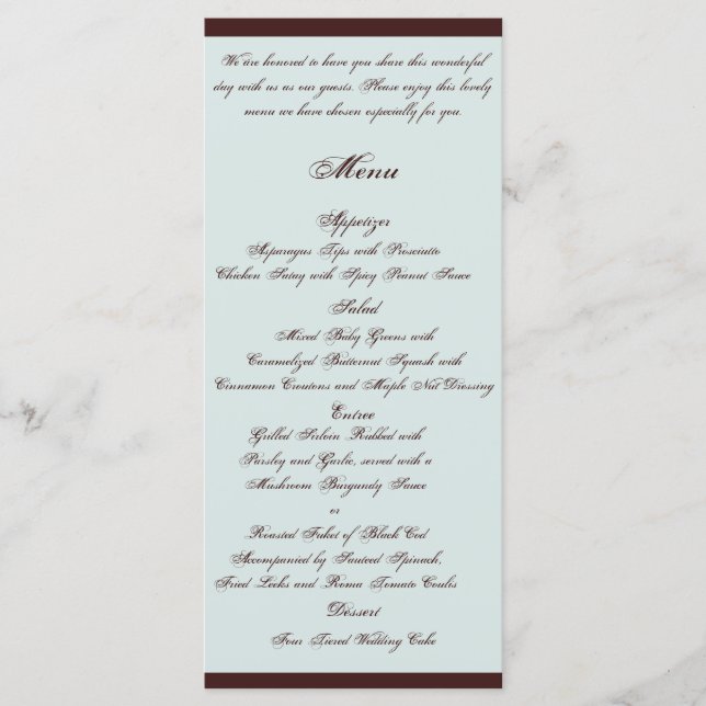 Menu de Casamento de Paisley Azul e Castanho Claro (Frente)