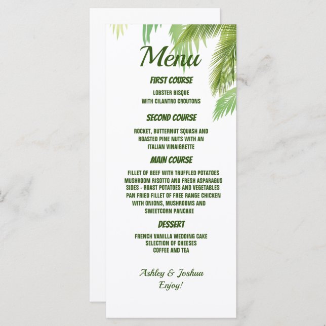 Menu de Casamento de Palm Tree Beach (Frente/Verso)