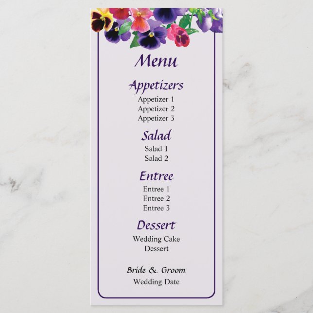 Menu de Casamento de Pastel Pansies (Frente)
