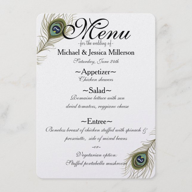 Menu de Casamento de Penas de Pavão (Frente)