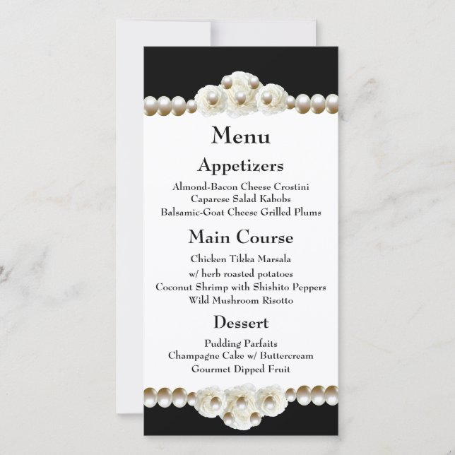 Menu de Casamento de Pérolas Brancas e Pretas (Frente)