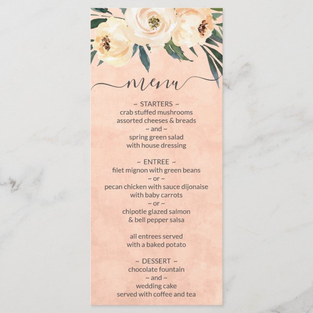 Menu de Casamento de Pêssego Floral Beige Blush (Frente)
