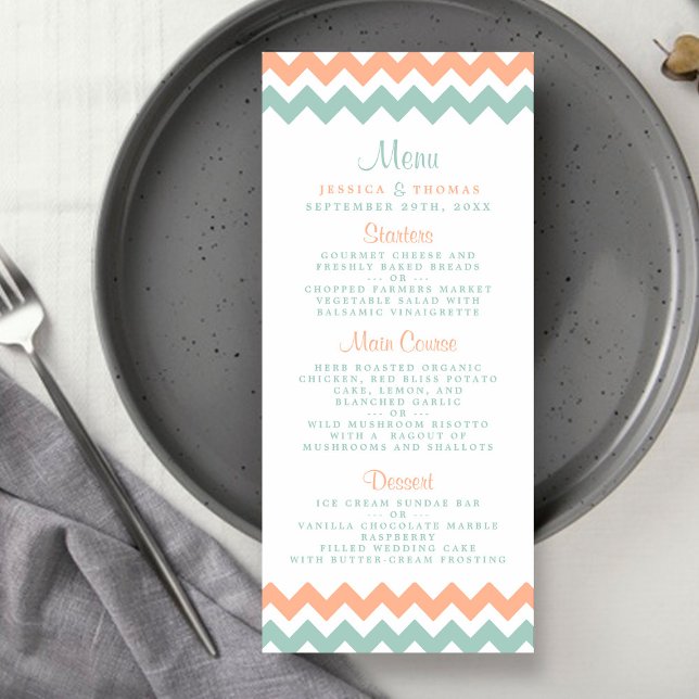 Menu de Casamento de Pêssego & Mint Chevron Modern (Criador carregado)