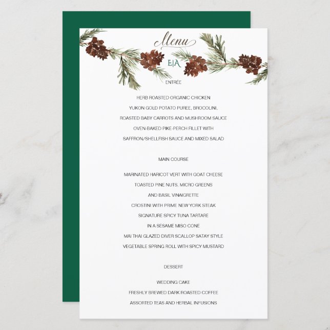 Menu de Casamento de Pinery de inverno (Frente/Verso)