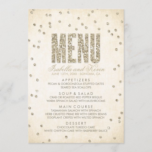 Menu de Casamento de Pontos de Confetti Glitter Do (Frente)