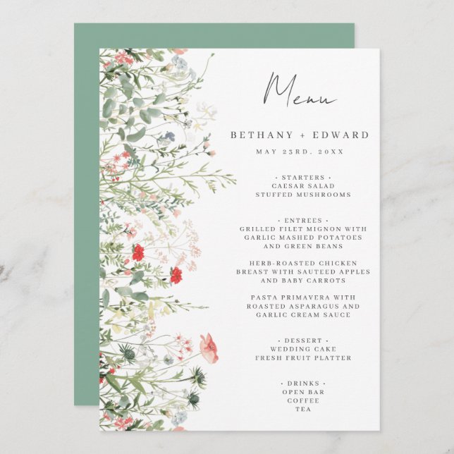 Menu de Casamento de Prados de Flores Selvagens (Frente/Verso)