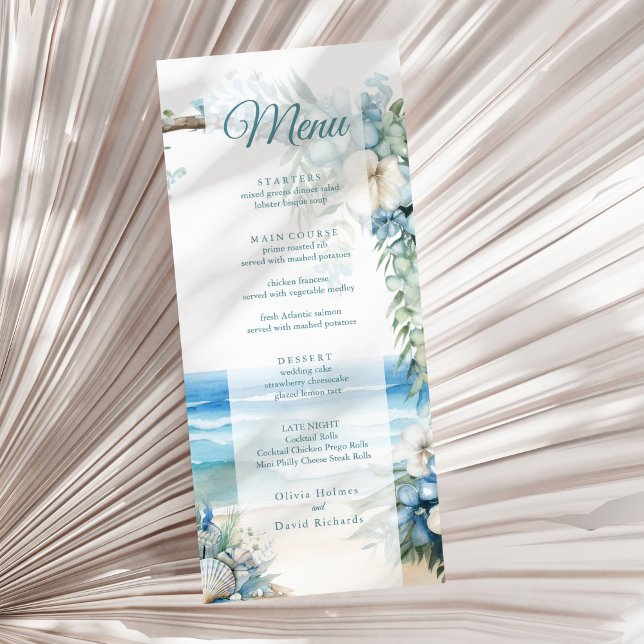 Menu de Casamento de Praia da Arca Tropical Azul d (Watercolor Blue Tropical Arch Beach Wedding Menu on a sunny neutral dry palm leaf.)
