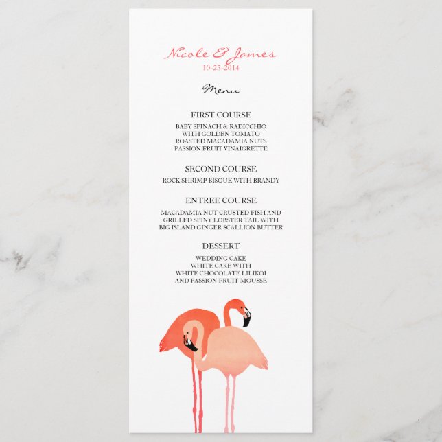 Menu de Casamento de Praia de Flamingos Rosa (Frente)