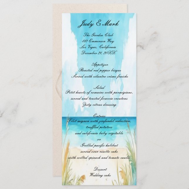 Menu de Casamento de Praia do Oceano Azul com Aqua (Frente/Verso)