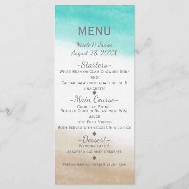 Menu de Casamento de Praia Elegante e Teal de Aqua (Frente)