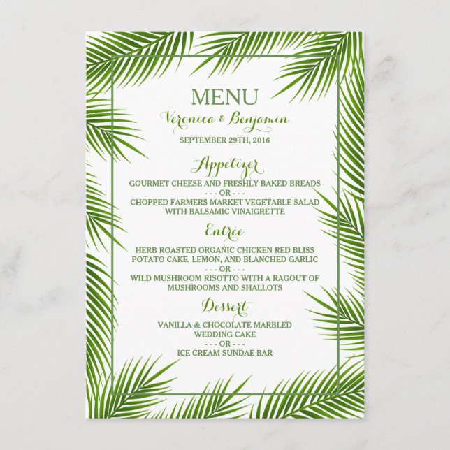 Menu de Casamento de Praia Tropical Palm Sai (Frente)
