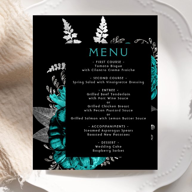 Menu de Casamento de Prata Floral de Teal Floral M (Criador carregado)