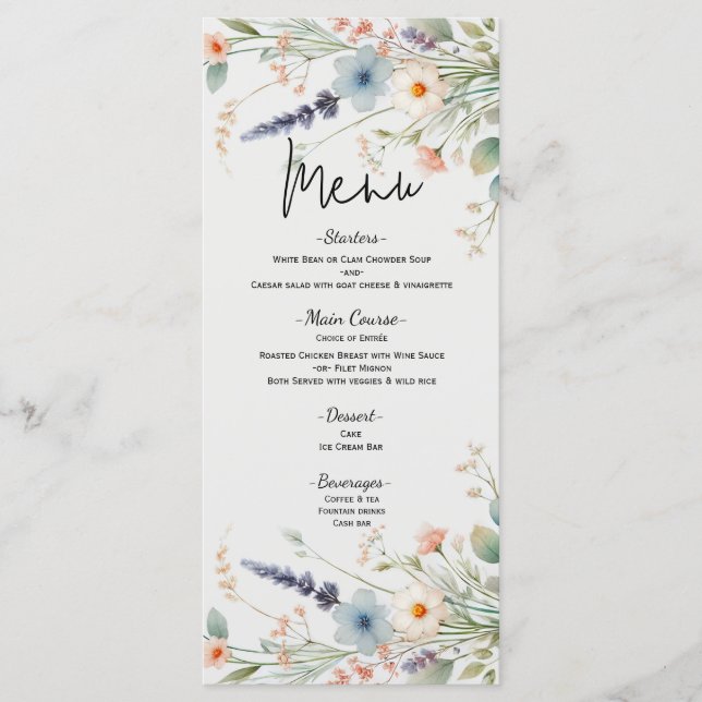 Menu de Casamento de Primavera com Aquarela de Flo (Frente)