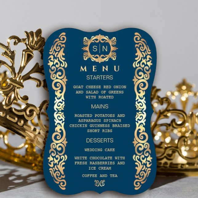 Menu de Casamento de Quadro Azul e Dourado Elegant (#zazzlemade #royal #blueandgold #goldframe #luxury #vintagegoldframe #illustratorgoldframe #origena)
