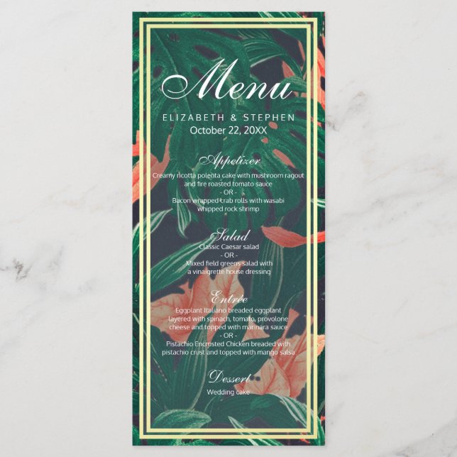 Menu de Casamento de Quadro de Folha Tropical Flor (Frente)