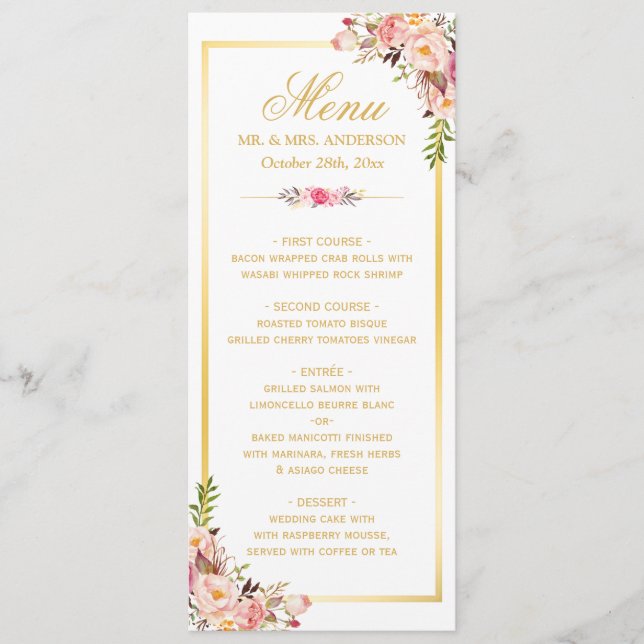 Menu de Casamento de Quadro Dourado Floral Cor-de- (Frente)