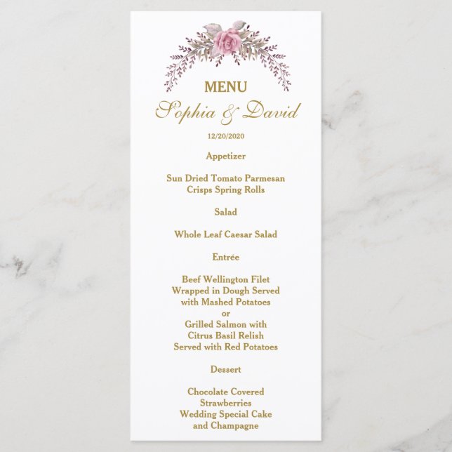 Menu de Casamento de Quadro Dourado Floral do Blus (Frente)